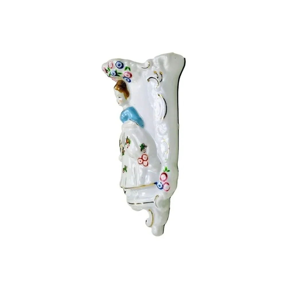 VTG 40s Hand Painted  Porcelain Victorian Lady & Flowers Pocket Wall Vase Japan